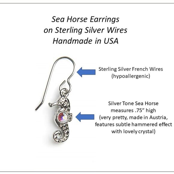 Silver Seahorse Dangle Earrings Sterling Silver Hypoallergenic Handmade in USA - Picture 2 of 3